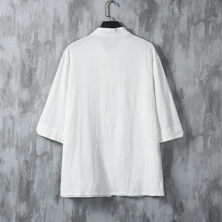 Buddha Stones無地 唐装 カエルボタンデザイン メンズ 半袖 リネンシャツ ポケット付き - image 3