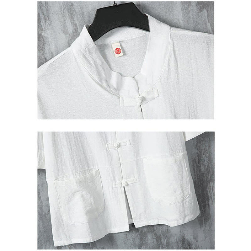 Buddha Stones無地 唐装 カエルボタンデザイン メンズ 半袖 リネンシャツ ポケット付き - image 5