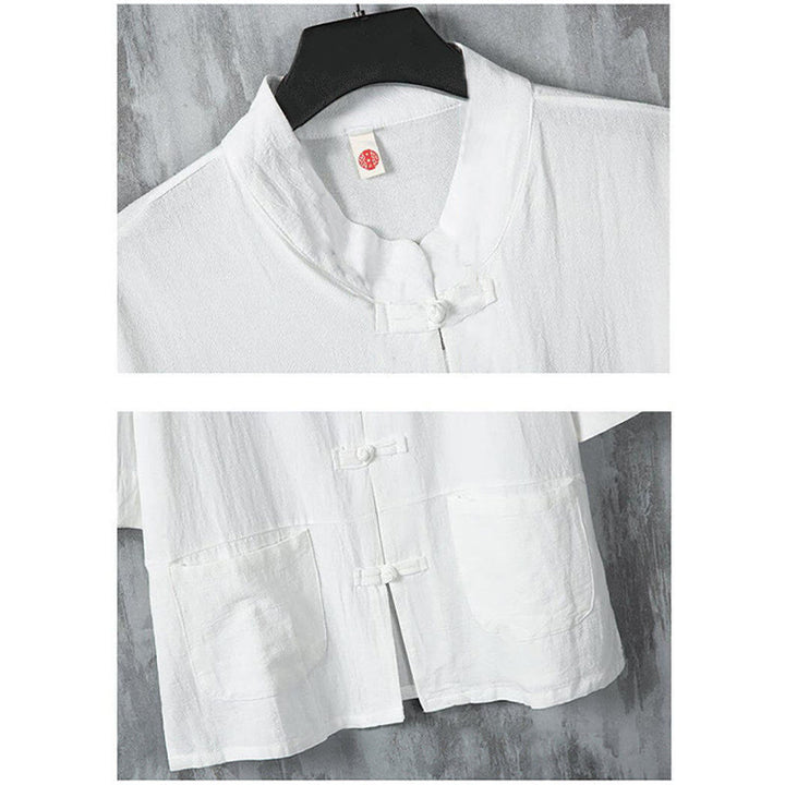 Buddha Stones無地 唐装 カエルボタンデザイン メンズ 半袖 リネンシャツ ポケット付き - image 5