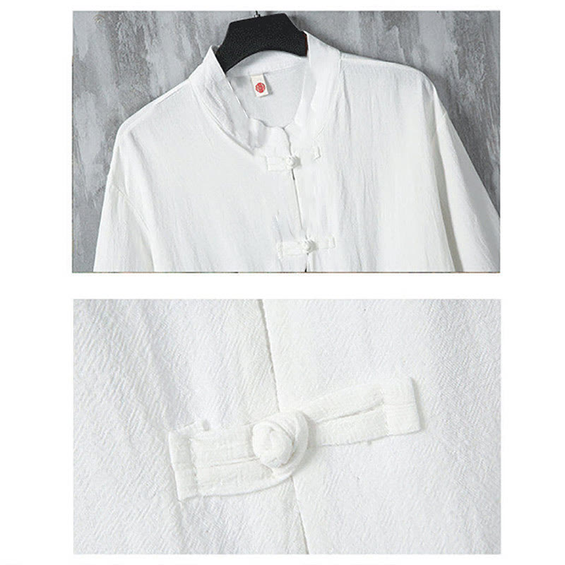 Buddha Stones無地 唐装 カエルボタンデザイン メンズ 半袖 リネンシャツ ポケット付き - image 4