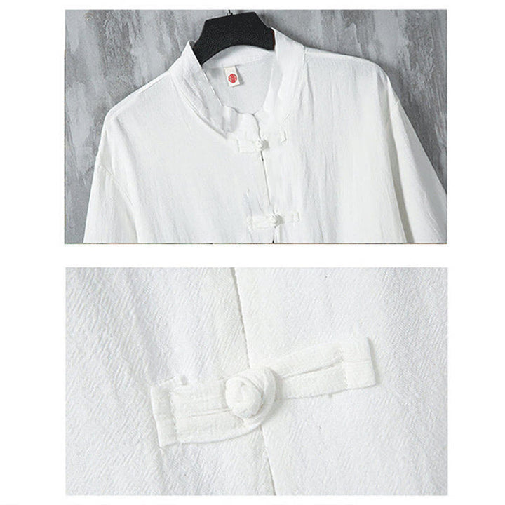 Buddha Stones無地 唐装 カエルボタンデザイン メンズ 半袖 リネンシャツ ポケット付き - image 4