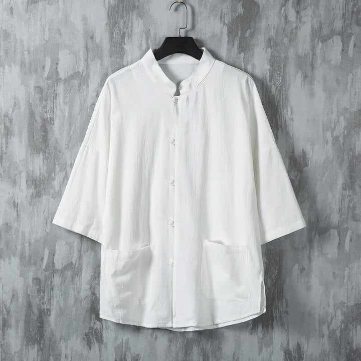 Buddha Stones夏 無地 唐装デザイン メンズ 半袖 リネンシャツ ポケット付き - 白 - US/UK/AU46、 EU56 (5XL) - image 2