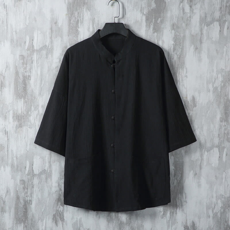 Buddha Stones夏 無地 唐装デザイン メンズ 半袖 リネンシャツ ポケット付き - 黒 - US/UK/AU46、 EU56 (5XL) - image 7