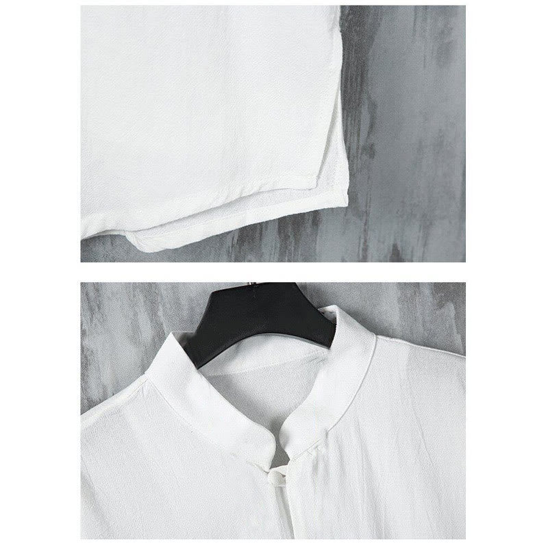 Buddha Stones夏 無地 唐装デザイン メンズ 半袖 リネンシャツ ポケット付き - image 6