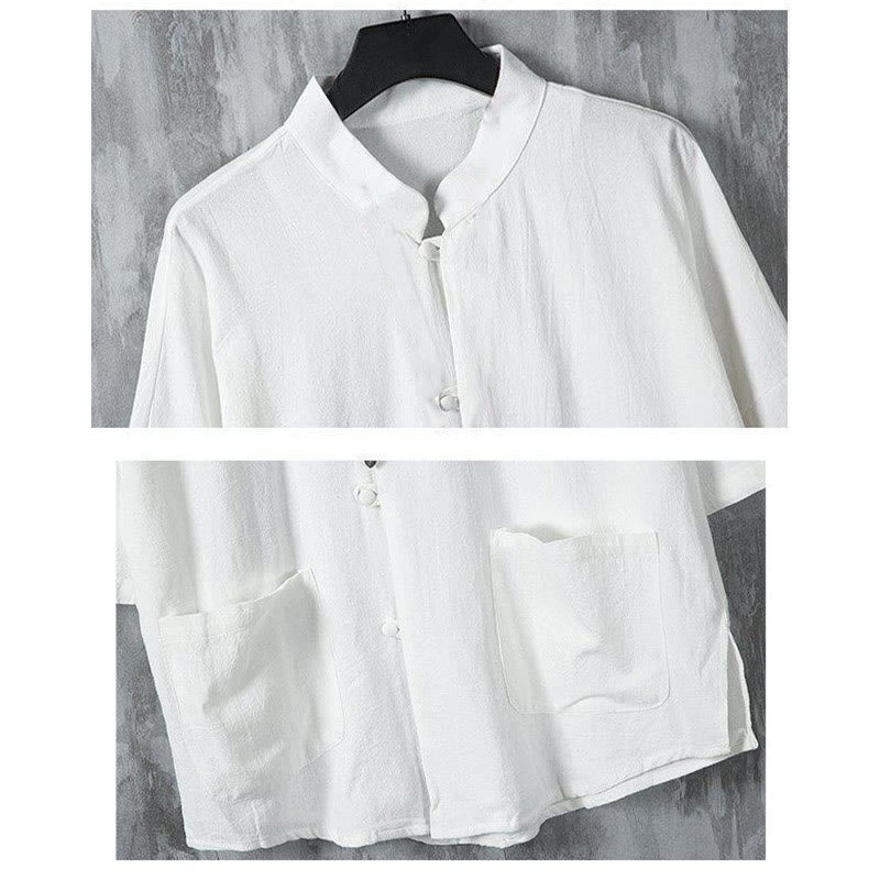 Buddha Stones夏 無地 唐装デザイン メンズ 半袖 リネンシャツ ポケット付き - image 4