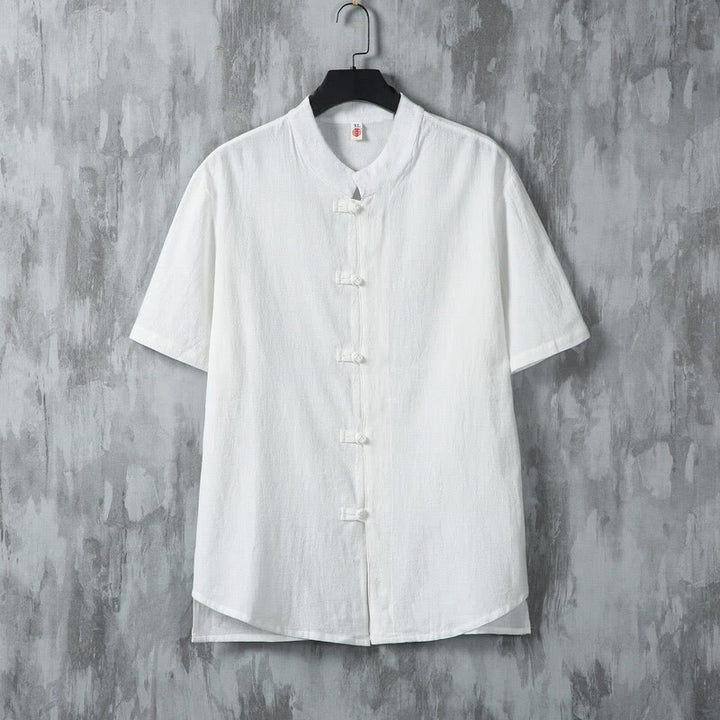 Buddha Stones夏 無地 唐装 カエルボタンデザイン メンズ 半袖 コットンシャツ - 白 - US/UK/AU46、 EU56 (5XL) - image 2