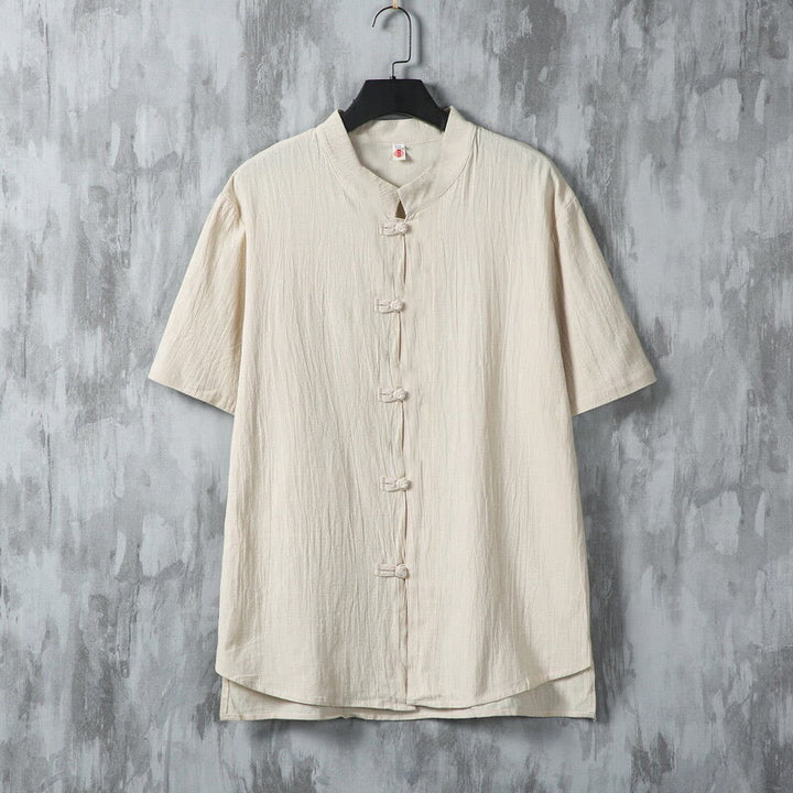 Buddha Stones夏 無地 唐装 カエルボタンデザイン メンズ 半袖 コットンシャツ - リネン - US/UK/AU46、 EU56 (5XL) - image 0