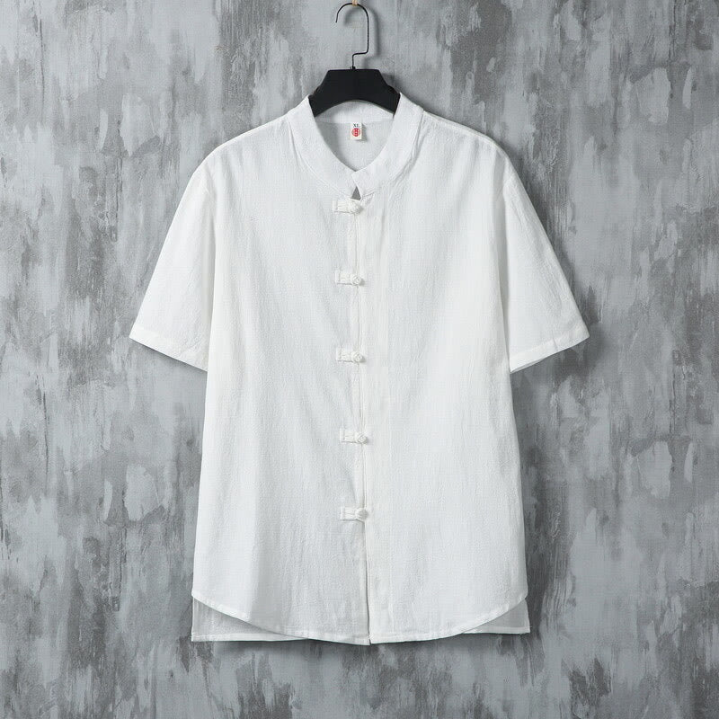 Buddha Stones夏 無地 唐装 カエルボタンデザイン メンズ 半袖 コットンシャツ - 白 - US/UK/AU46、 EU56 (5XL) - image 2