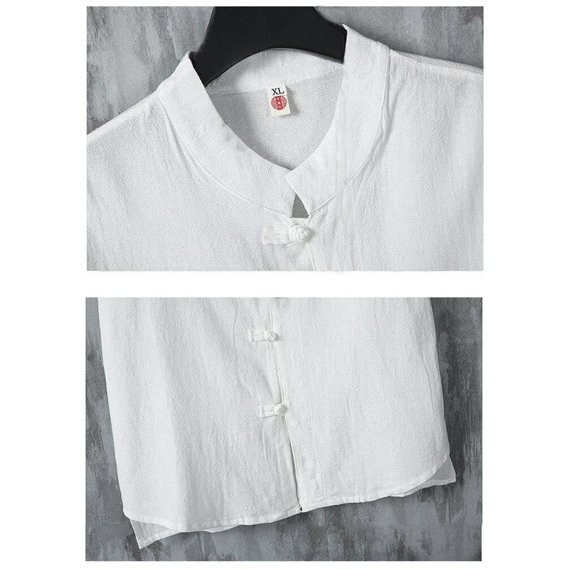 Buddha Stones夏 無地 唐装 カエルボタンデザイン メンズ 半袖 コットンシャツ - image 4