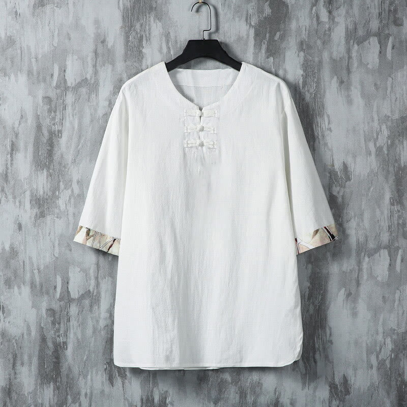 Buddha Stones夏用 カエルボタン イエロー 竹の葉 半袖 メンズ リネンシャツ - 白 - US/UK/AU46、 EU56 (5XL) - image 1