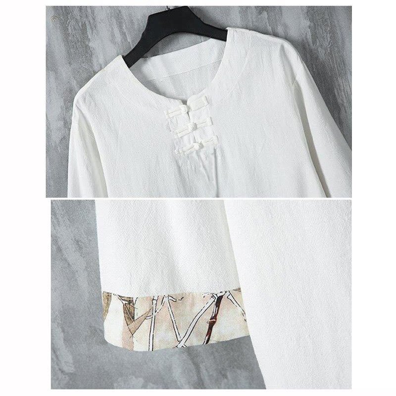 Buddha Stones夏用 カエルボタン イエロー 竹の葉 半袖 メンズ リネンシャツ - image 4