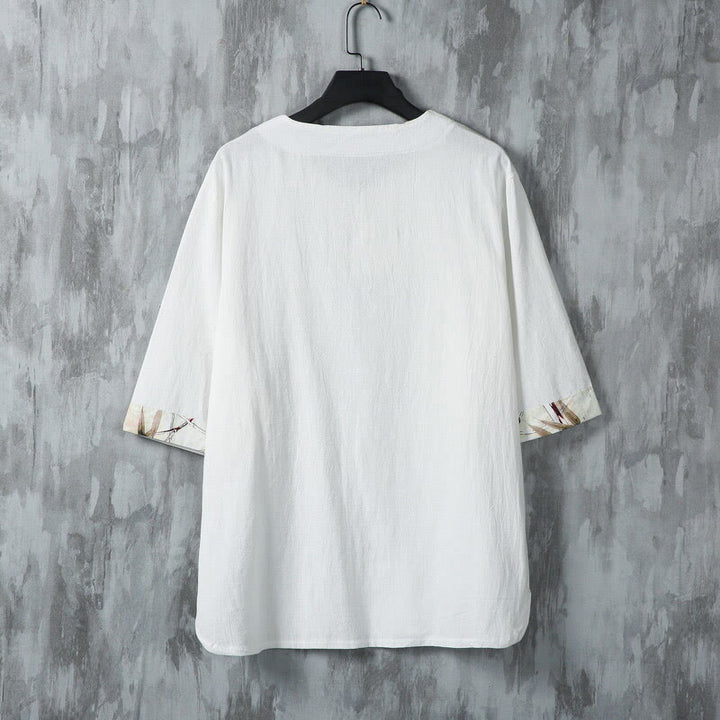 Buddha Stones夏用 カエルボタン イエロー 竹の葉 半袖 メンズ リネンシャツ - image 2