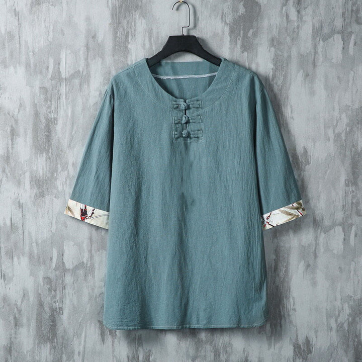 Buddha Stones夏用 カエルボタン イエロー 竹の葉 半袖 メンズ リネンシャツ - ダークシアン - US/UK/AU46、 EU56 (5XL) - image 0