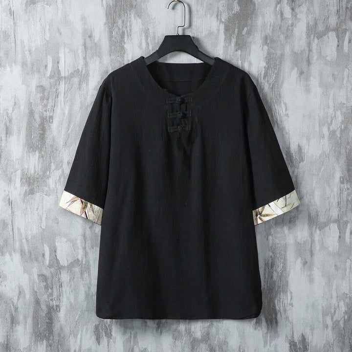 Buddha Stones夏用 カエルボタン イエロー 竹の葉 半袖 メンズ リネンシャツ - 黒 - US/UK/AU46、 EU56 (5XL) - image 6