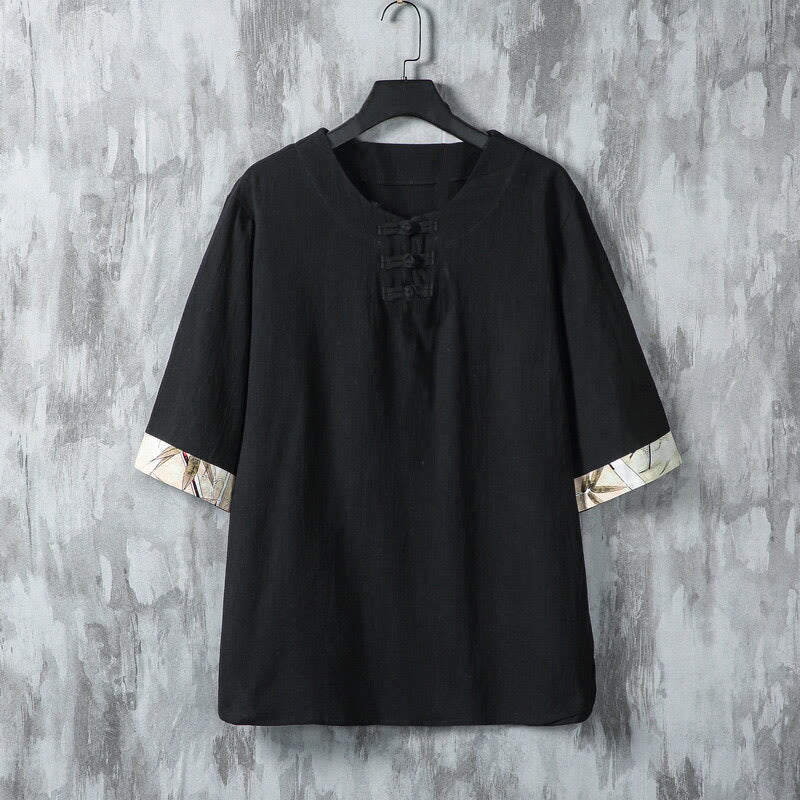 Buddha Stones夏用 カエルボタン イエロー 竹の葉 半袖 メンズ リネンシャツ - 黒 - US/UK/AU46、 EU56 (5XL) - image 6