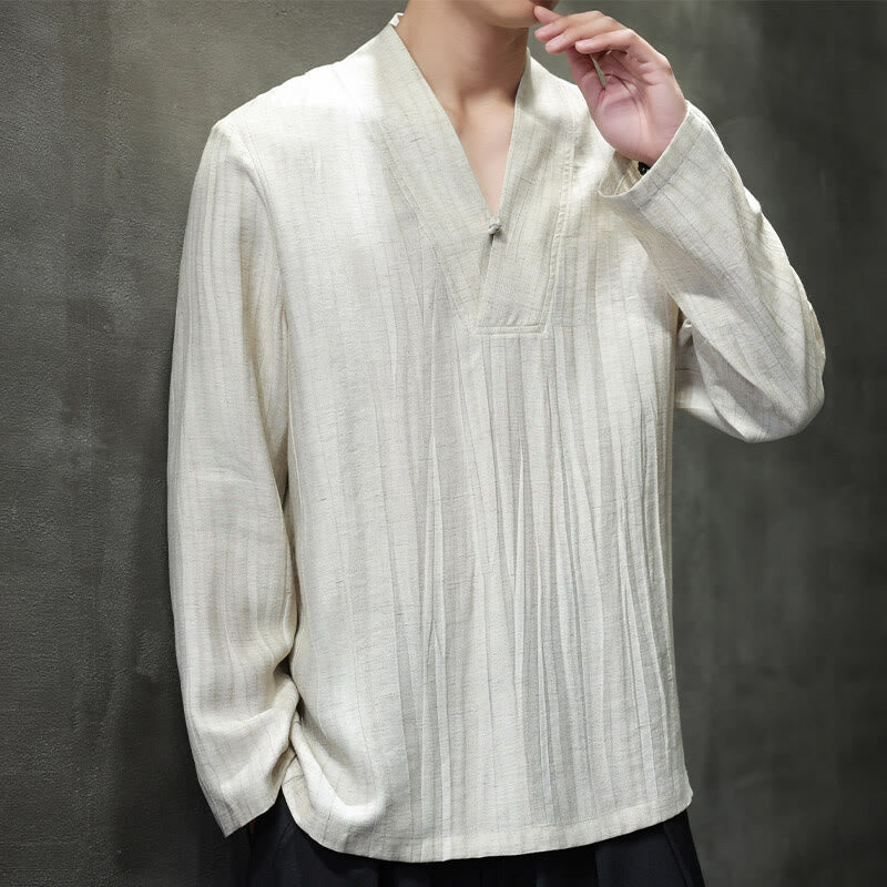 Buddha Stones無地 Vネック 長袖 メンズ リネンシャツ - image 10