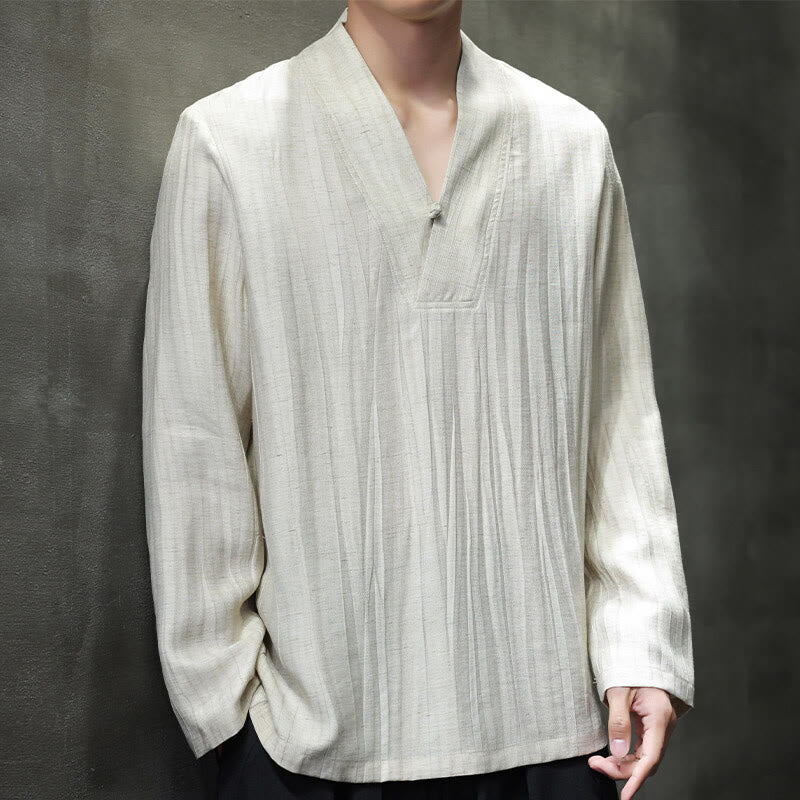 Buddha Stones無地 Vネック 長袖 メンズ リネンシャツ - リネン - US/UK/AU46、 EU56 (5XL) - image 9