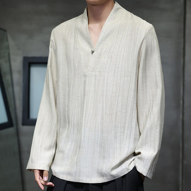 Buddha Stones無地 Vネック 長袖 メンズ リネンシャツ - image 11