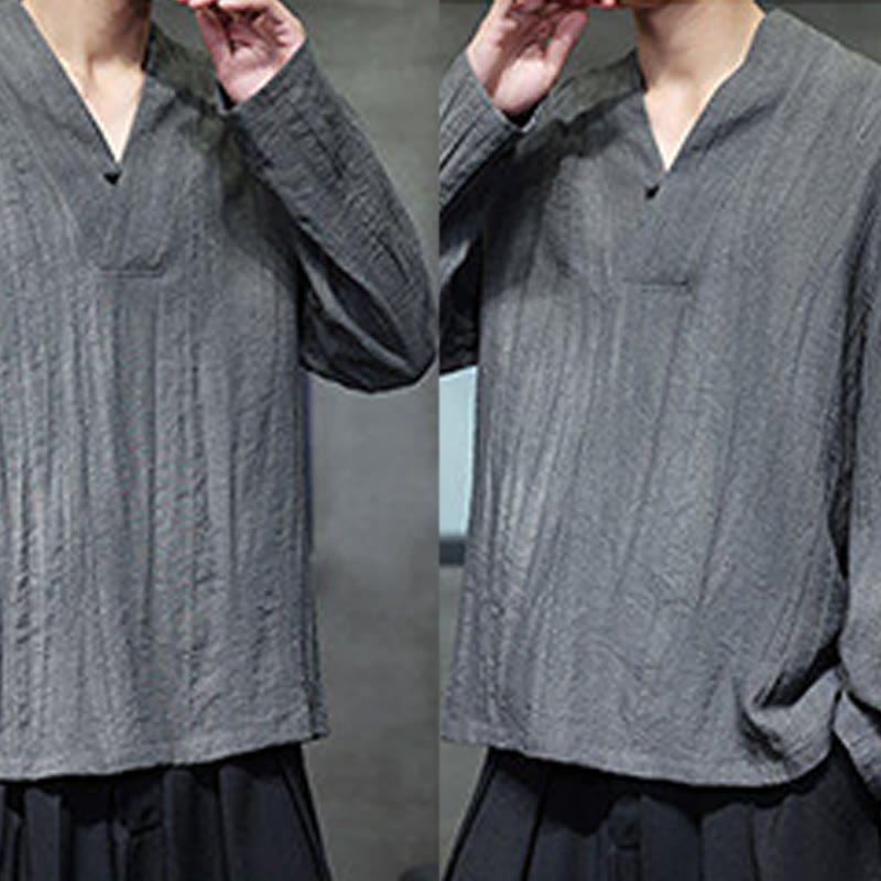 Buddha Stones無地 Vネック 長袖 メンズ リネンシャツ - image 8