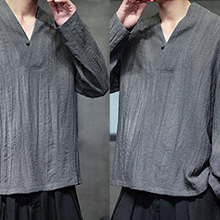 Buddha Stones無地 Vネック 長袖 メンズ リネンシャツ - image 8