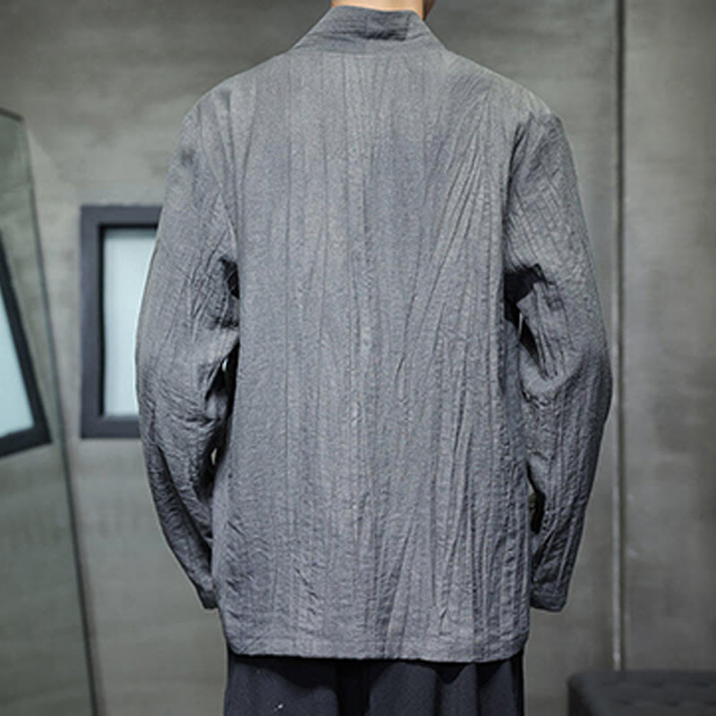 Buddha Stones無地 Vネック 長袖 メンズ リネンシャツ - image 2