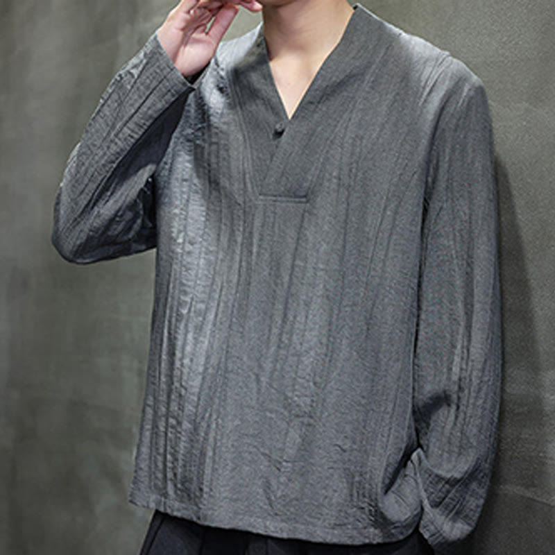 Buddha Stones無地 Vネック 長袖 メンズ リネンシャツ - image 5