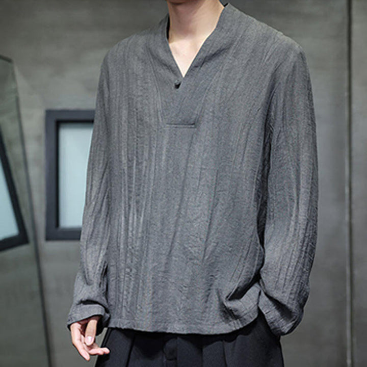 Buddha Stones無地 Vネック 長袖 メンズ リネンシャツ - image 4