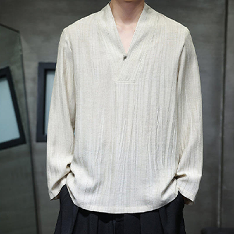 Buddha Stones無地 Vネック 長袖 メンズ リネンシャツ - image 12