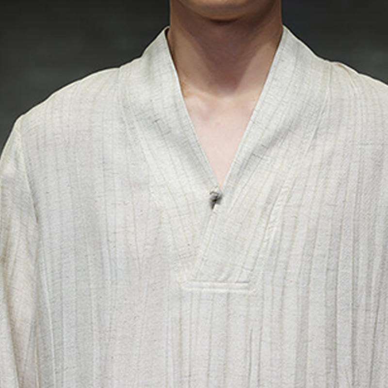 Buddha Stones無地 Vネック 長袖 メンズ リネンシャツ - image 17