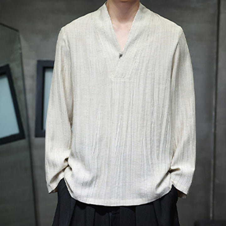 Buddha Stones無地 Vネック 長袖 メンズ リネンシャツ - image 12