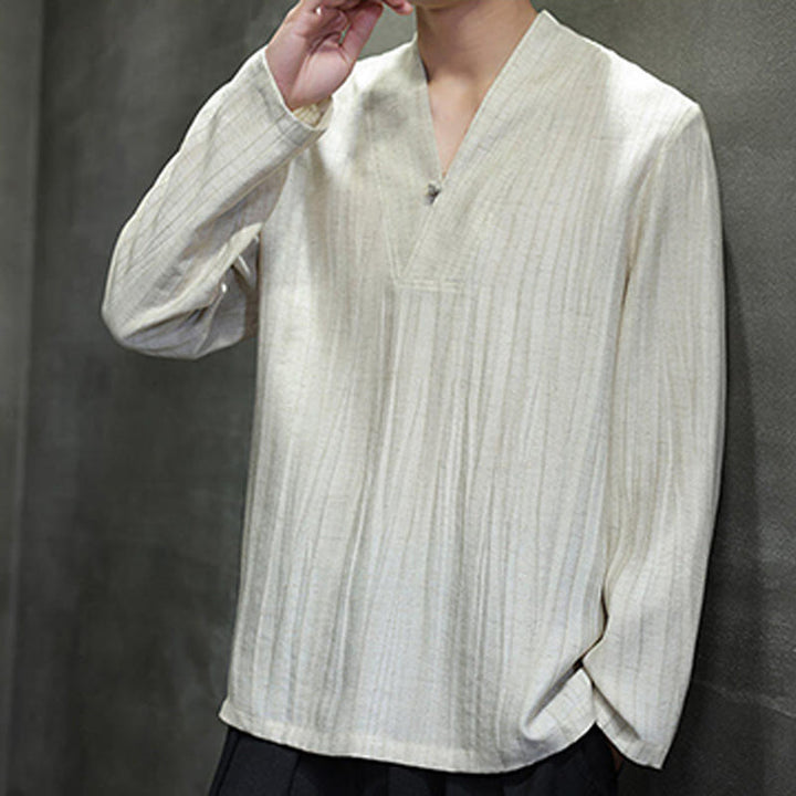 Buddha Stones無地 Vネック 長袖 メンズ リネンシャツ - image 16