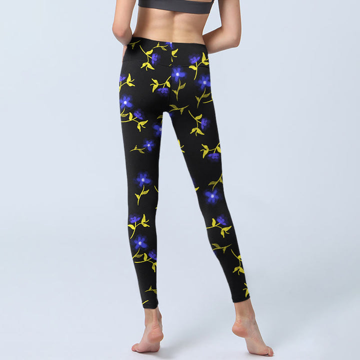 Buddha Stonesブルー 花 葉柄 プリント ジムレギンス レディース ヨガパンツ - image 7