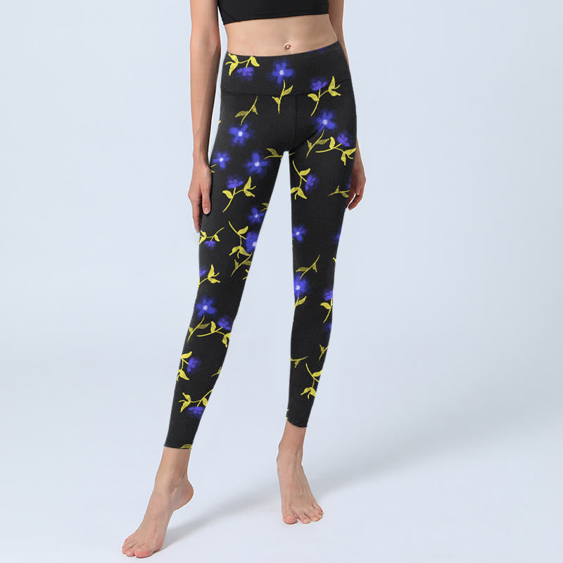 Buddha Stonesブルー 花 葉柄 プリント ジムレギンス レディース ヨガパンツ - image 6