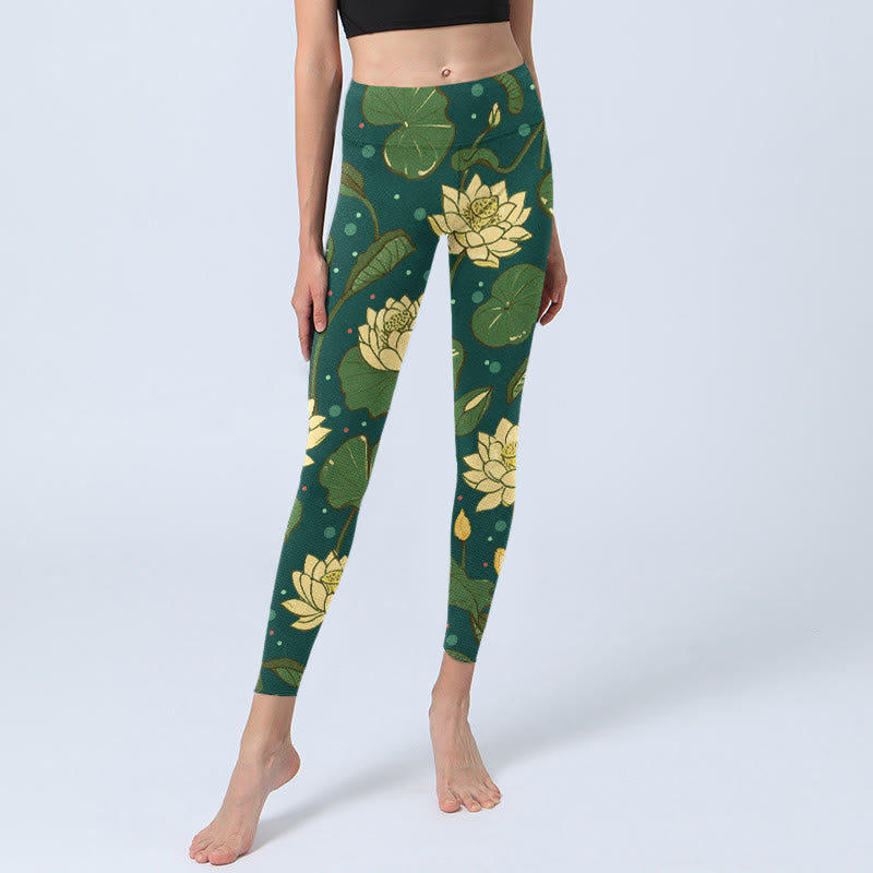 Buddha Stones、蓮の花、蓮の葉の模様プリントのジムレギンス、レディースヨガパンツ - image 6