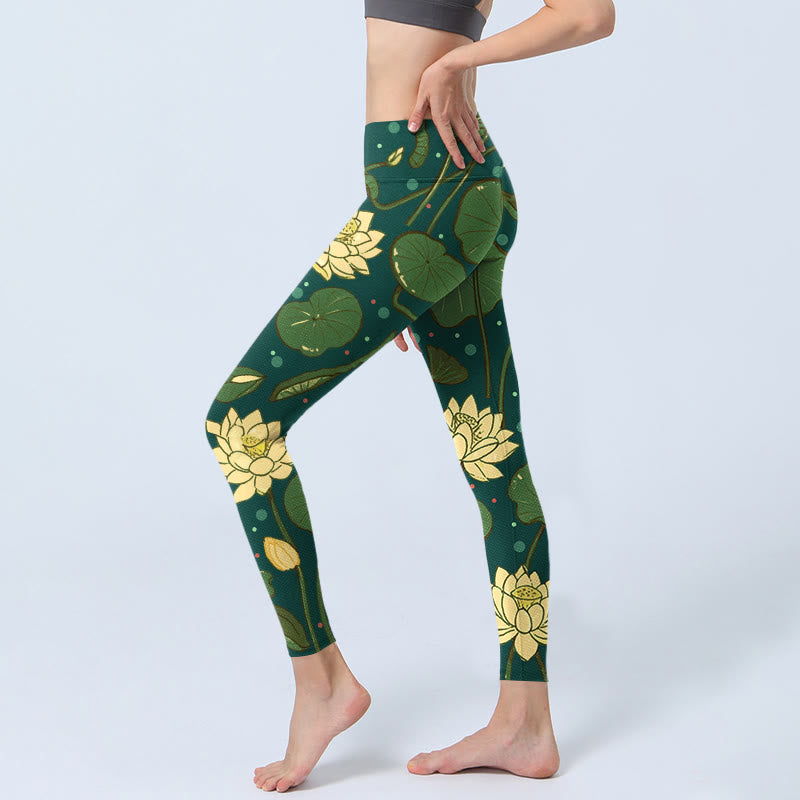 Buddha Stones、蓮の花、蓮の葉の模様プリントのジムレギンス、レディースヨガパンツ - image 3