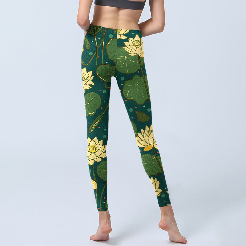 Buddha Stones、蓮の花、蓮の葉の模様プリントのジムレギンス、レディースヨガパンツ - image 7
