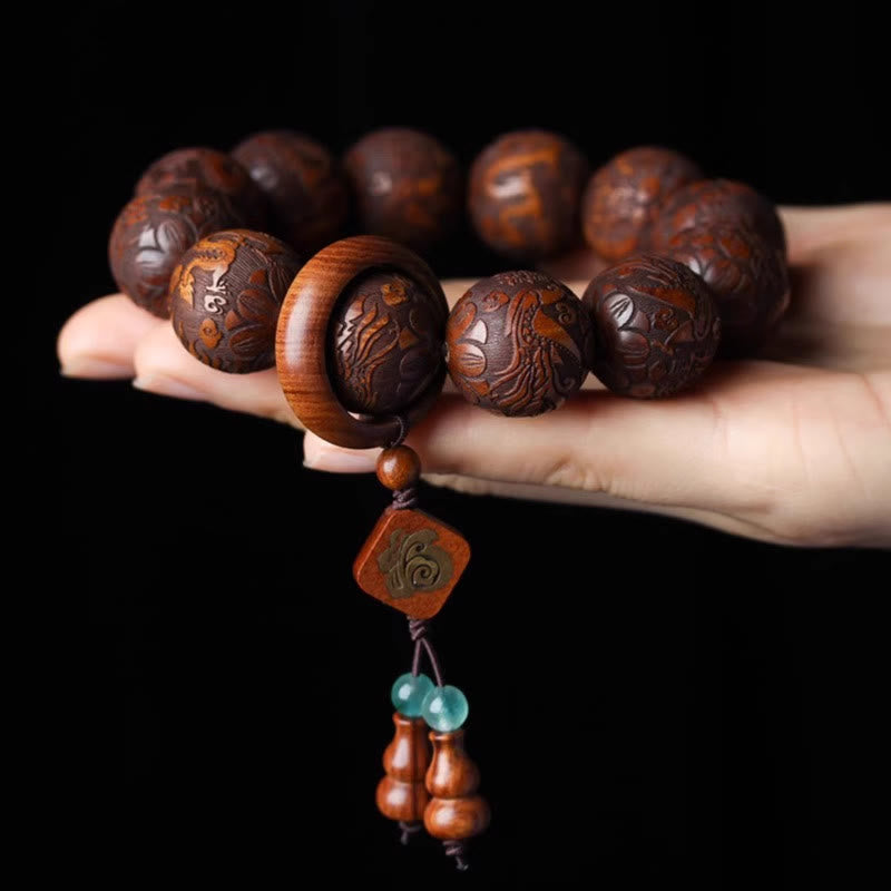 Buddha Stones天然彫刻 龍と鳳凰 福文字 ひょうたん ローズウッドビーズ 温もりブレスレット