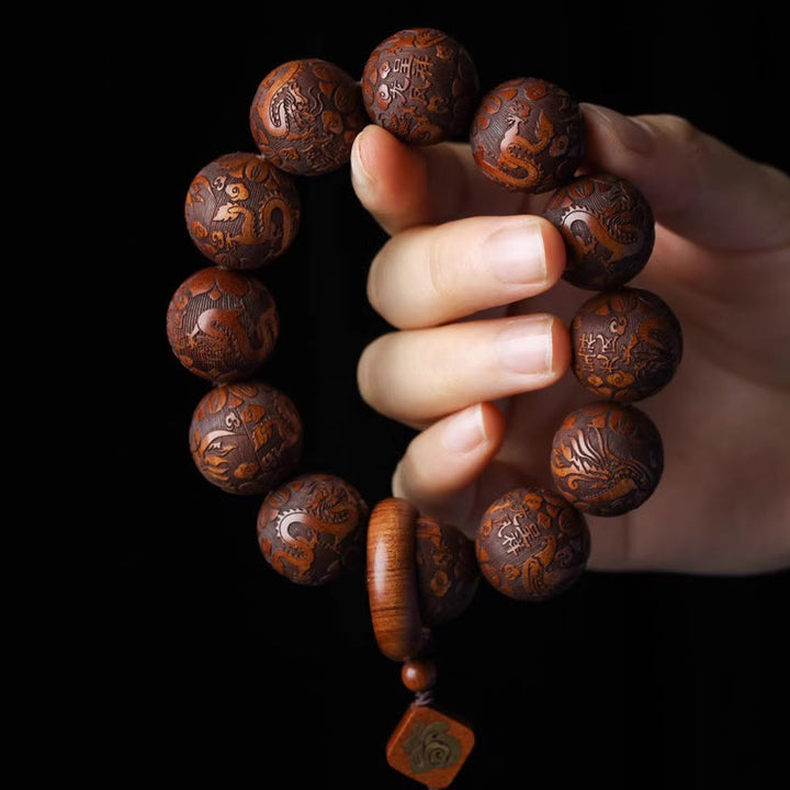 Buddha Stones天然彫刻 龍と鳳凰 福文字 ひょうたん ローズウッドビーズ 温もりブレスレット