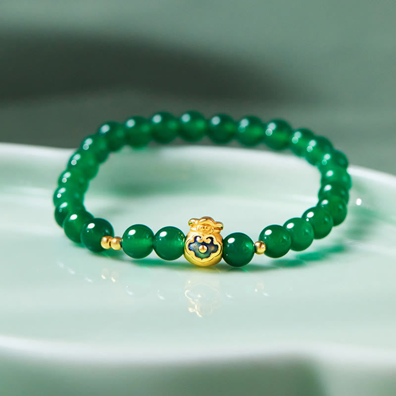 Buddha Stones999スターリングシルバー ラッキーバッグ グリーンカルセドニー カームブレスレット