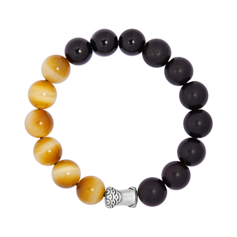Buddha Stones 999スターリングシルバー エボニー タイガーアイ ブラックオブシディアン リラックスブレスレット