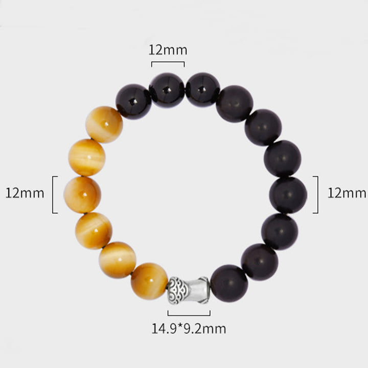 Buddha Stones 999スターリングシルバー エボニー タイガーアイ ブラックオブシディアン リラックスブレスレット