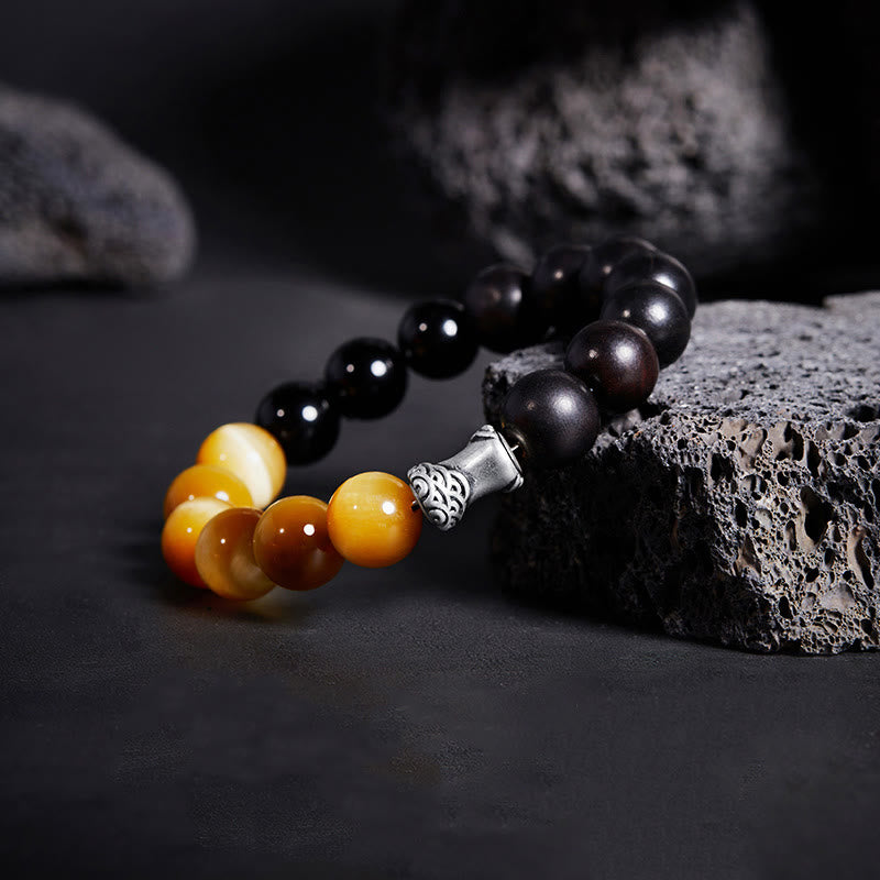 Buddha Stones 999スターリングシルバー エボニー タイガーアイ ブラックオブシディアン リラックスブレスレット
