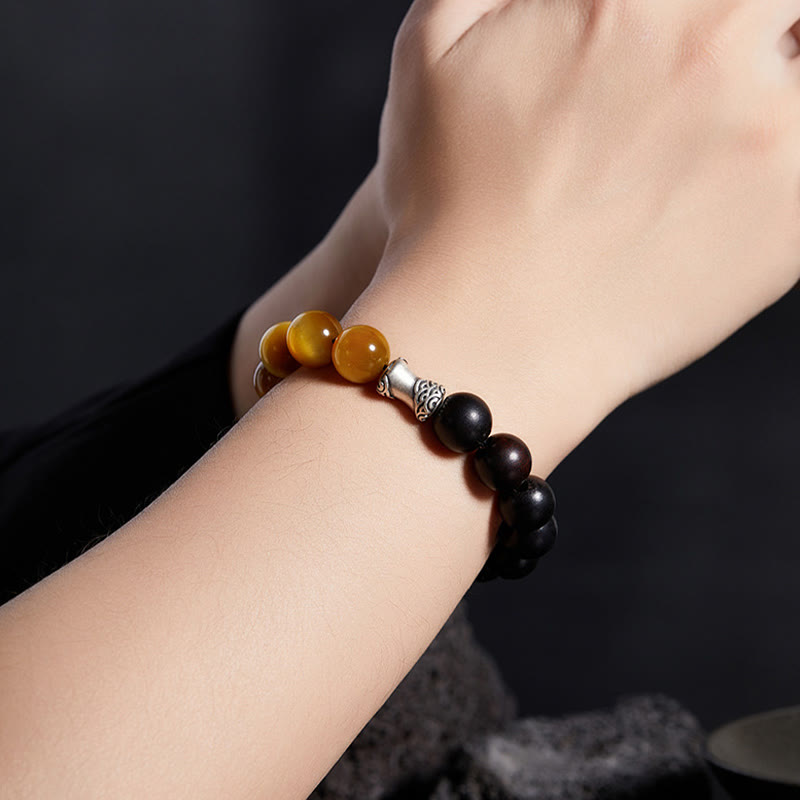 Buddha Stones 999スターリングシルバー エボニー タイガーアイ ブラックオブシディアン リラックスブレスレット