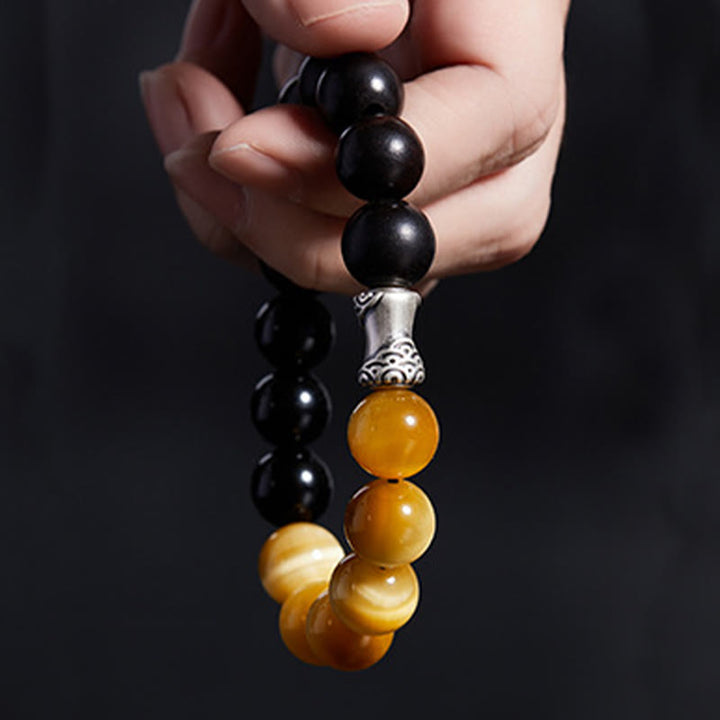 Buddha Stones 999スターリングシルバー エボニー タイガーアイ ブラックオブシディアン リラックスブレスレット