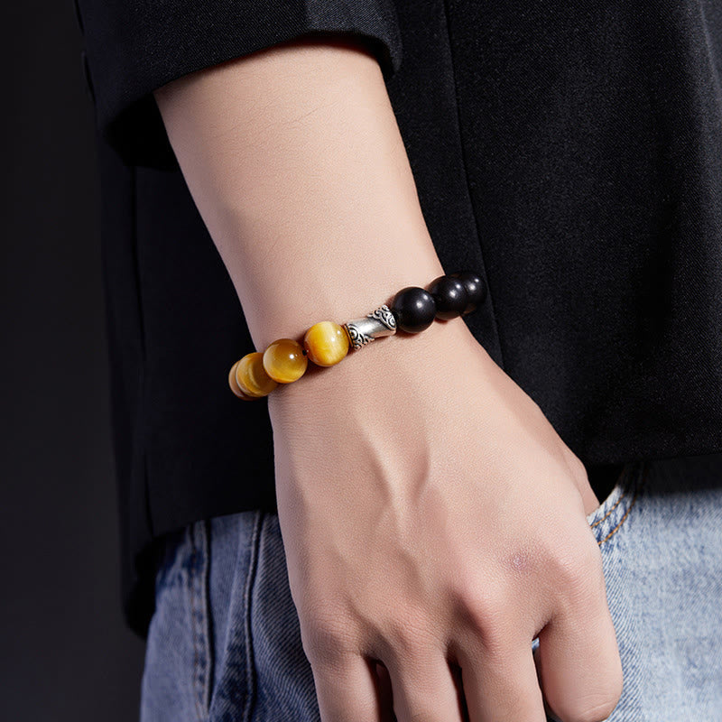 Buddha Stones 999スターリングシルバー エボニー タイガーアイ ブラックオブシディアン リラックスブレスレット