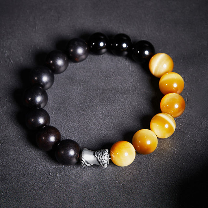Buddha Stones 999スターリングシルバー エボニー タイガーアイ ブラックオブシディアン リラックスブレスレット