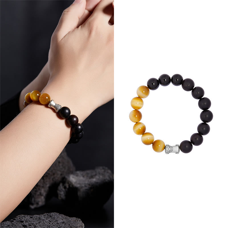 Buddha Stones 999スターリングシルバー エボニー タイガーアイ ブラックオブシディアン リラックスブレスレット
