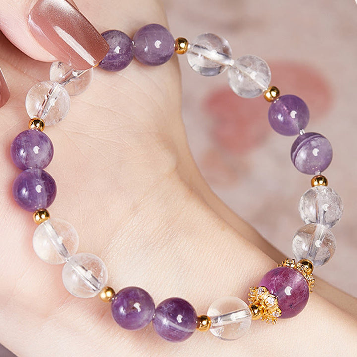 Buddha Stones 925スターリングシルバー 天然アメジスト ホワイトクリスタル バランスブレスレット