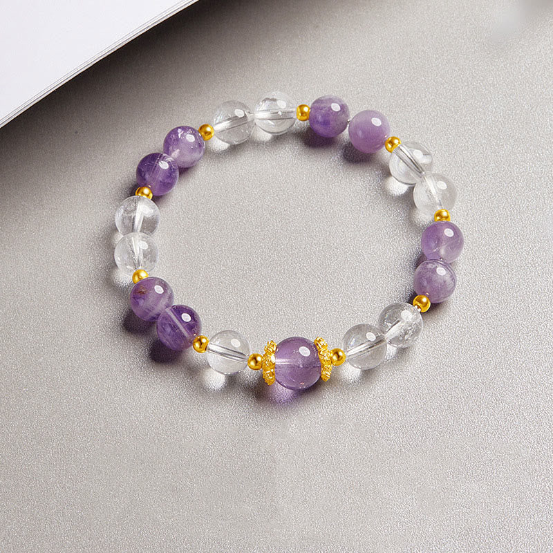 Buddha Stones 925スターリングシルバー 天然アメジスト ホワイトクリスタル バランスブレスレット