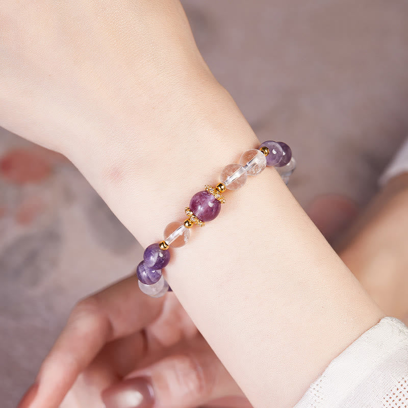 Buddha Stones 925スターリングシルバー 天然アメジスト ホワイトクリスタル バランスブレスレット
